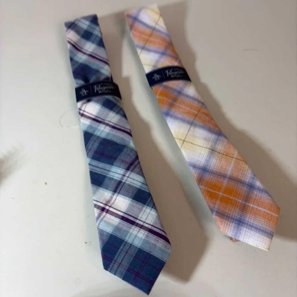 Original Penguin‎ Munsingwear Cotton Madras Plaid Men Ties Lot 2 Blue Orange NWT
